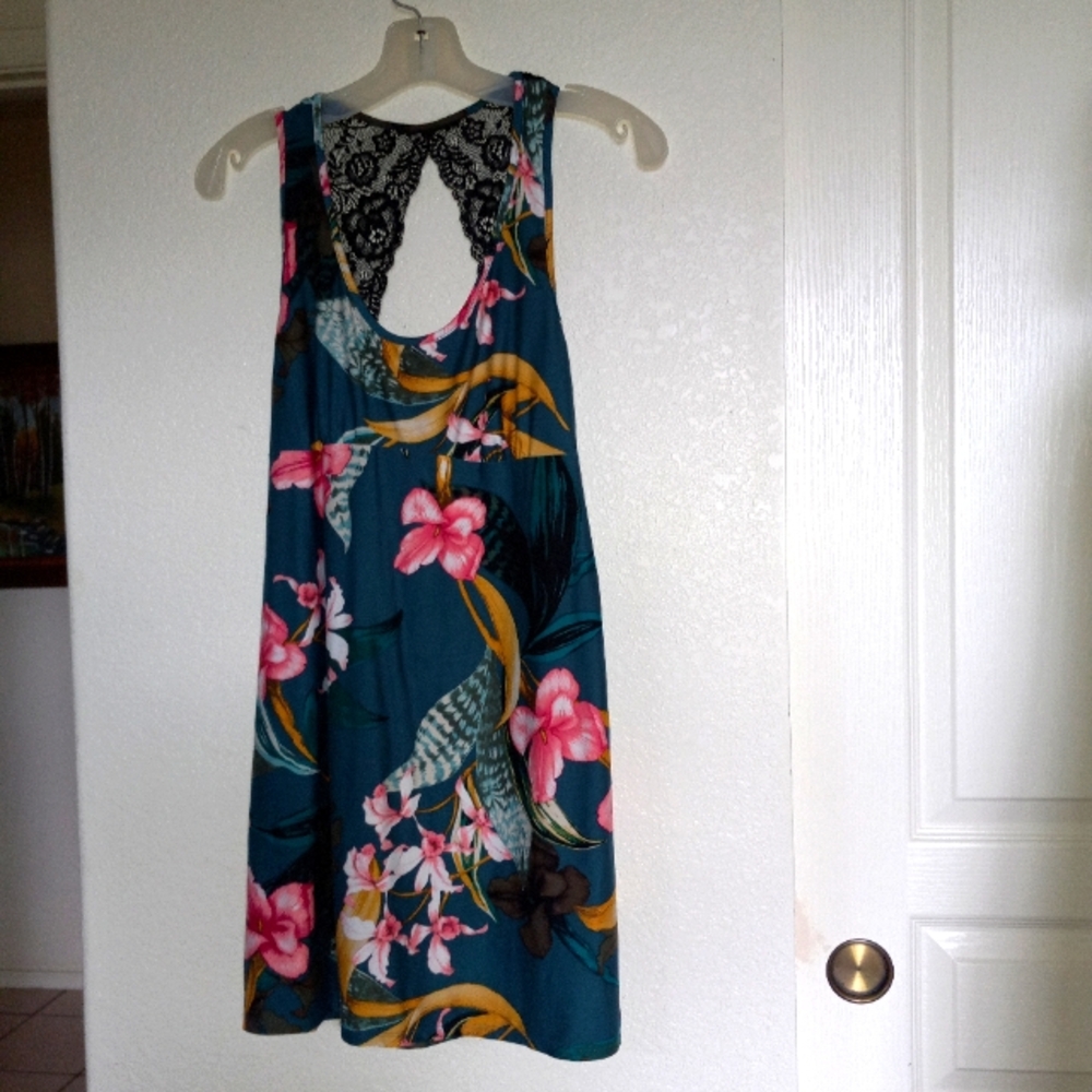 Secret treasures medium multicolor Floral dark aqua background lace back